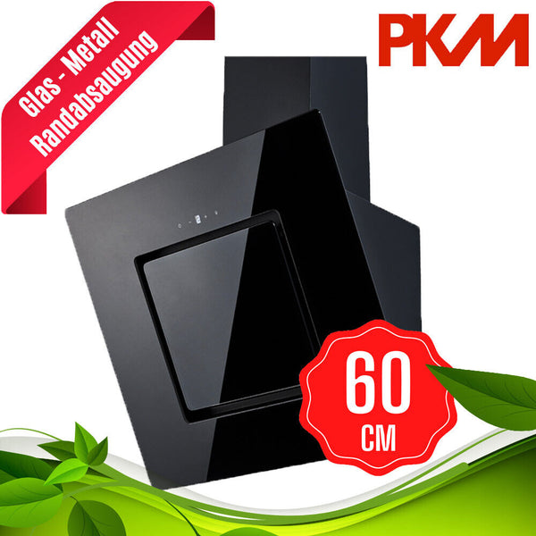 PKM Dunstabzugshaube 60 cm Schwarz Glas Wandhaube kopffrei Abluft Umluft Touch